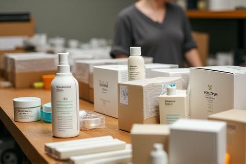 Organized packing station with finished cosmetic products and packaging materials