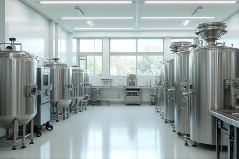 Bright and clean production area with stainless steel equipment